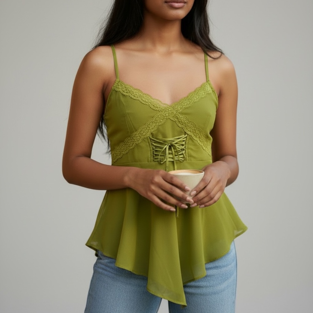 Forever 21 Y2K Green Lace Trim Babydoll Camisole Top Small Asymmetrical Fairy - Picture 2 of 8